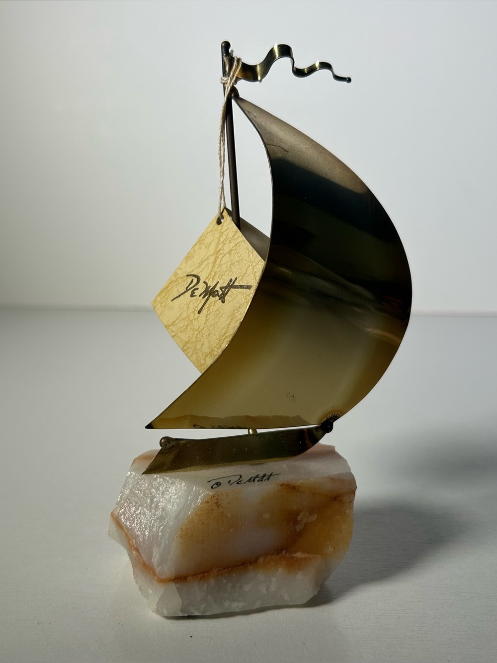 VTG John DeMott Signed Mid Century Brass Sailboat Sculpture Onyx Base 7” W/Tag